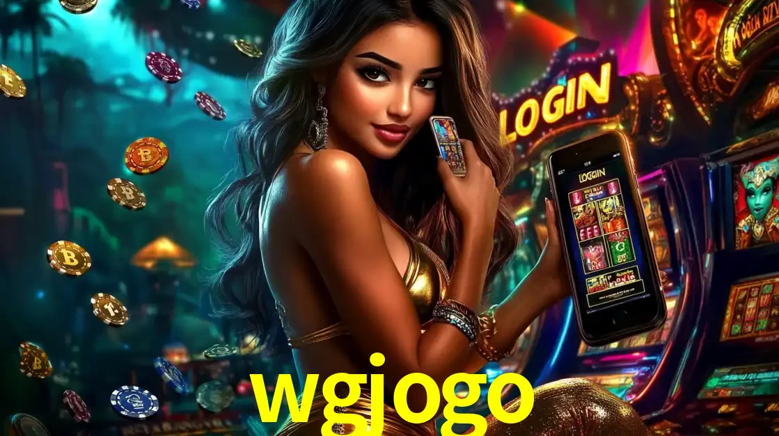 Mulher em um cenário de cassino temático de aventura, mostrando o app de caça-níqueis da wgjogo no celular. Fichas de apostas flutuam ao redor.