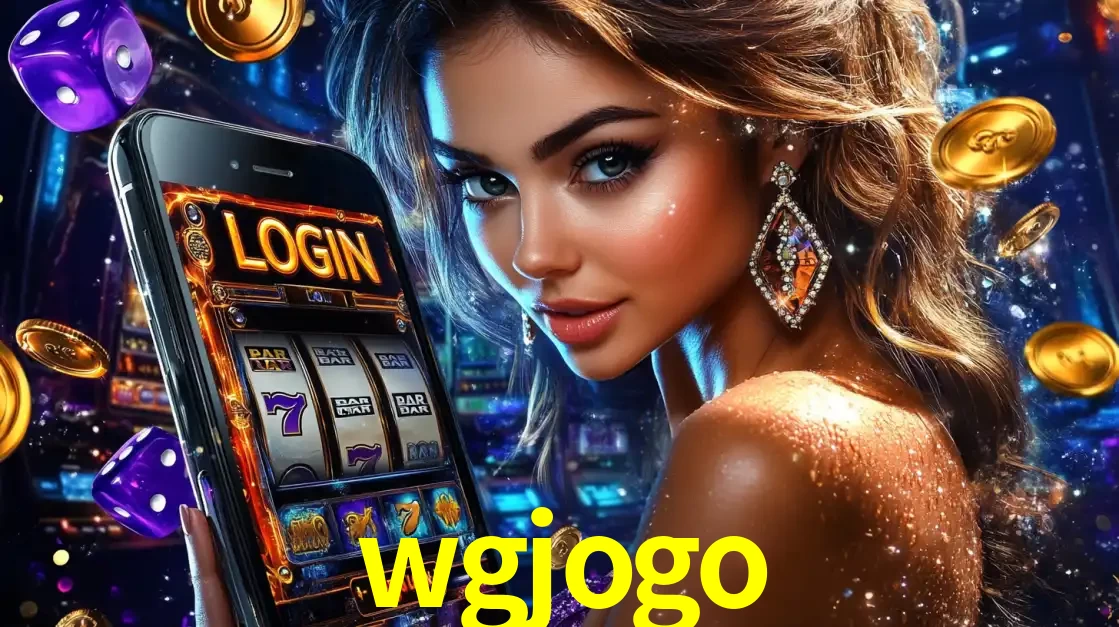 Mulher glamorosa segurando um smartphone com a tela de login para os jogos de caça-níqueis do cassino online wgjogo, com moedas de ouro e dados ao redor.